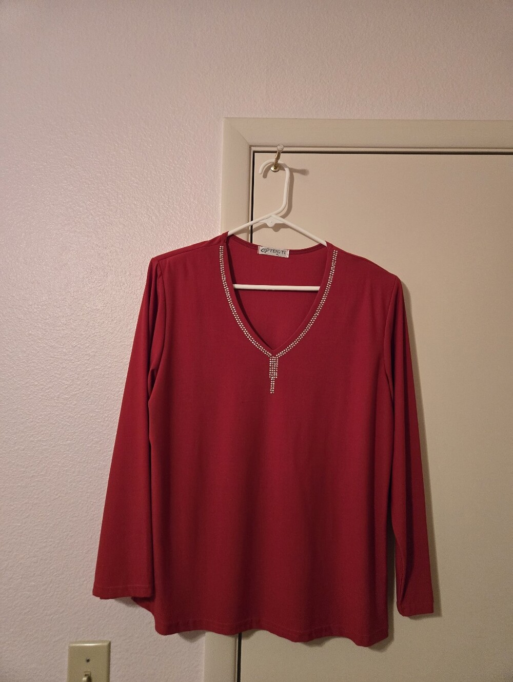 Embellished V-Neck Long Sleeve Top - Red